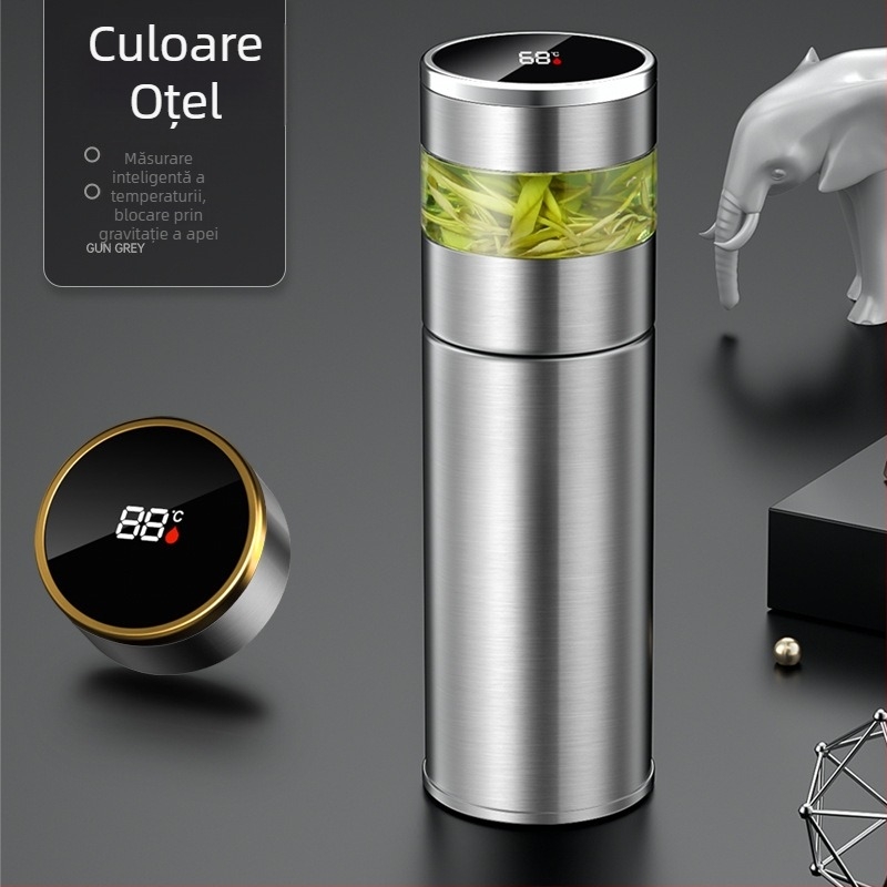 Ceașcă termică izolată cu afișaj inteligent al temperaturii, interior din oțel inox 316, exterior din oțel inox 304, filtru pentru ceai, cadou corporativ