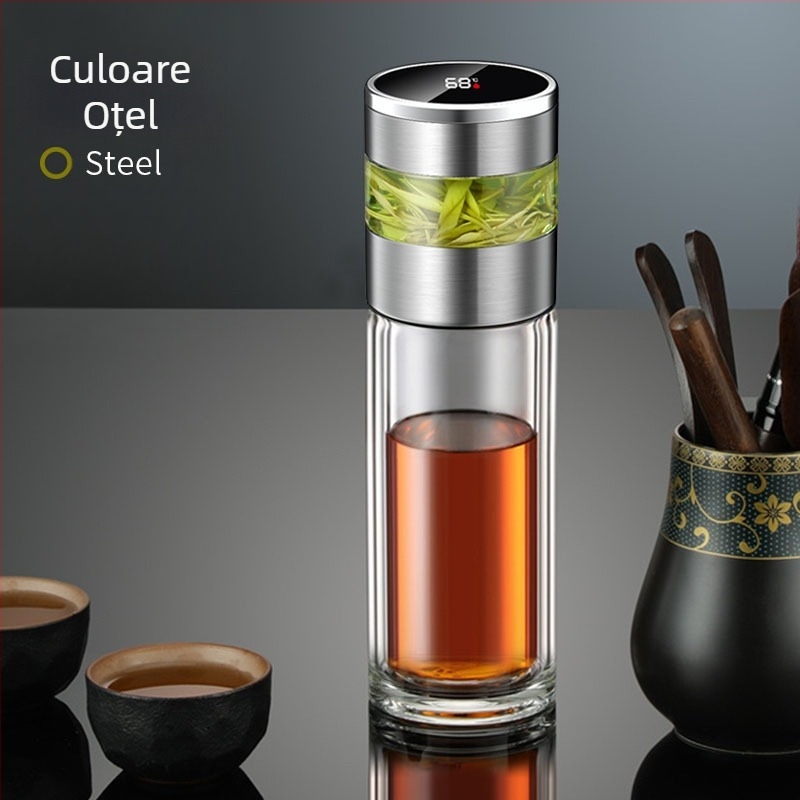 Ceașcă termică izolată cu afișaj inteligent al temperaturii, interior din oțel inox 316, exterior din oțel inox 304, filtru pentru ceai, cadou corporativ