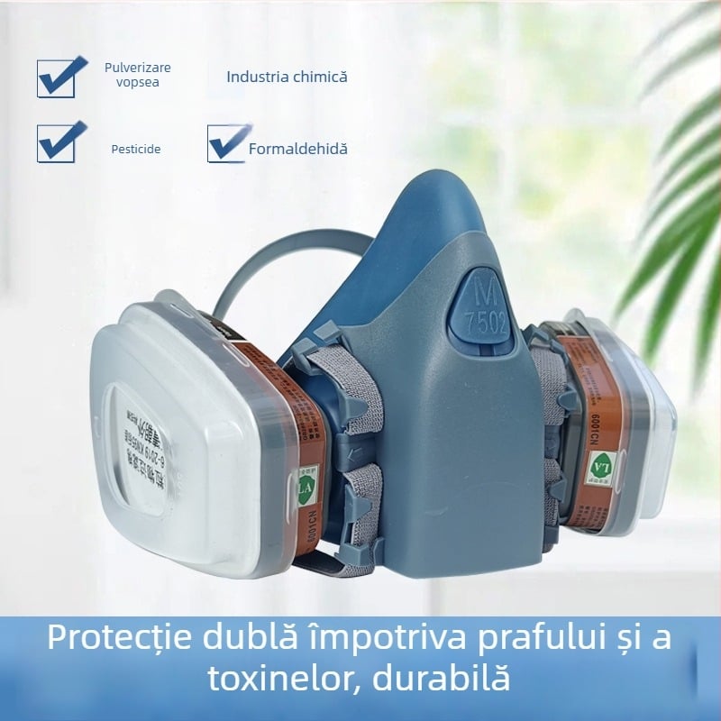 7502 Mască half-face din silicon pentru gaze toxice — protecție împotriva prafului și mediilor toxice; potrivită pentru vopsire, amenajări, lucrări chimice și sudură.