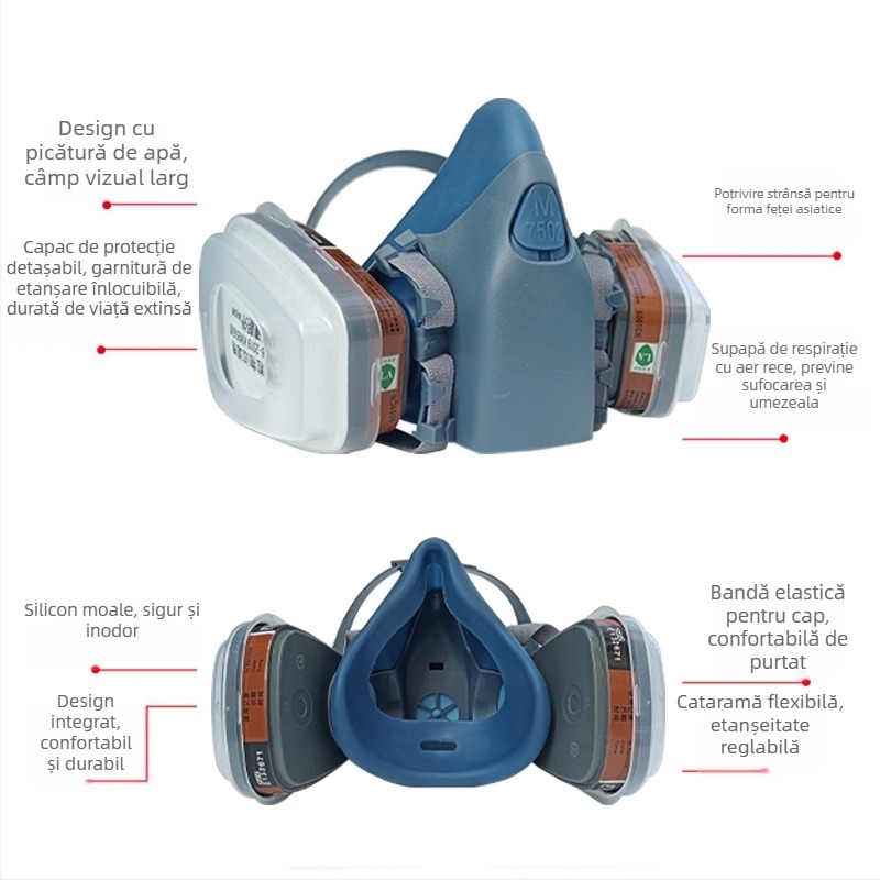 7502 Mască half-face din silicon pentru gaze toxice — protecție împotriva prafului și mediilor toxice; potrivită pentru vopsire, amenajări, lucrări chimice și sudură.