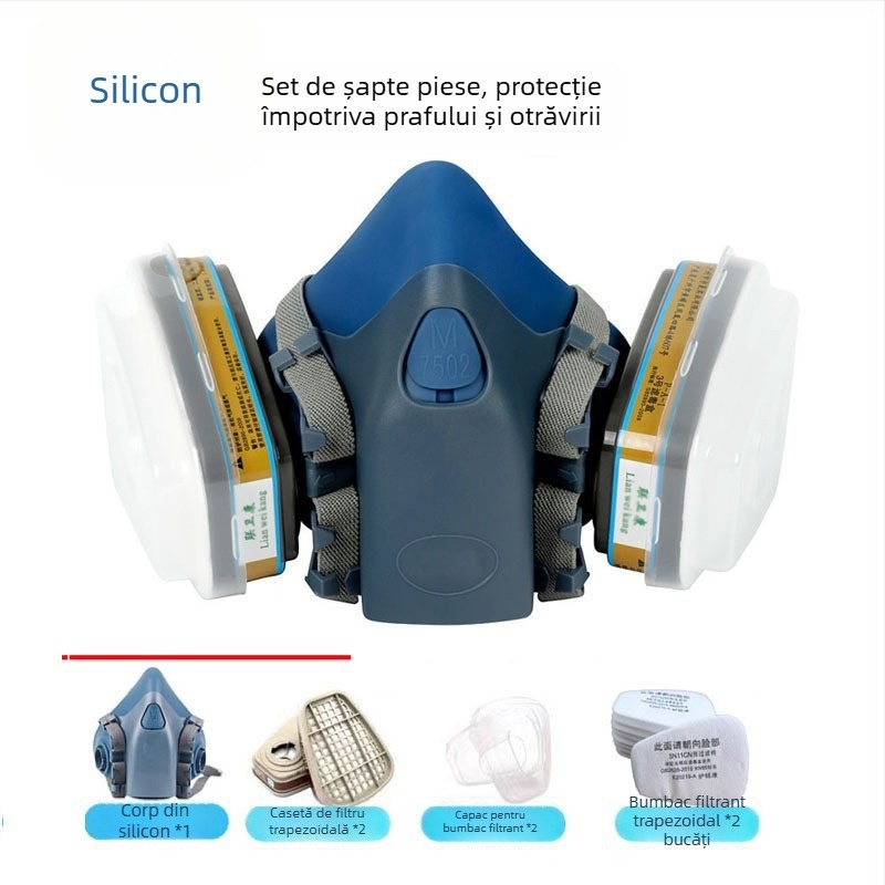7502 Mască half-face din silicon pentru gaze toxice — protecție împotriva prafului și mediilor toxice; potrivită pentru vopsire, amenajări, lucrări chimice și sudură.
