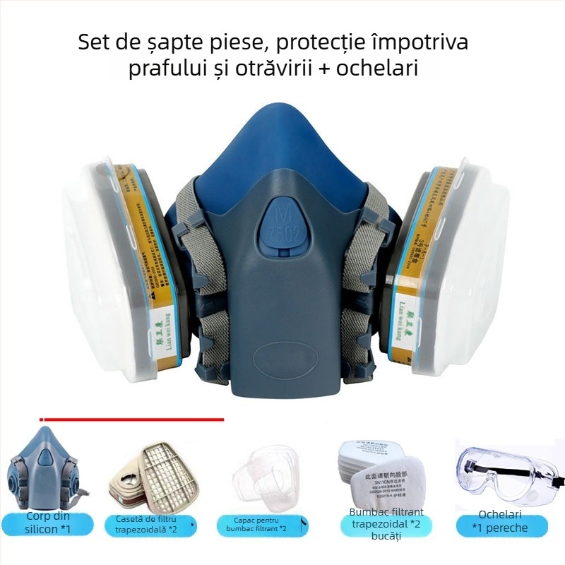 7502 Mască half-face din silicon pentru gaze toxice — protecție împotriva prafului și mediilor toxice; potrivită pentru vopsire, amenajări, lucrări chimice și sudură.