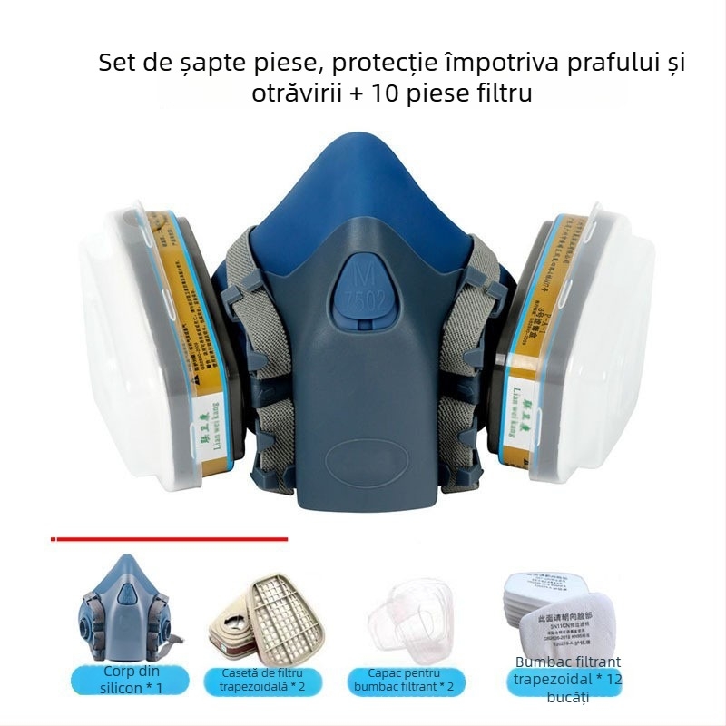 7502 Mască half-face din silicon pentru gaze toxice — protecție împotriva prafului și mediilor toxice; potrivită pentru vopsire, amenajări, lucrări chimice și sudură.