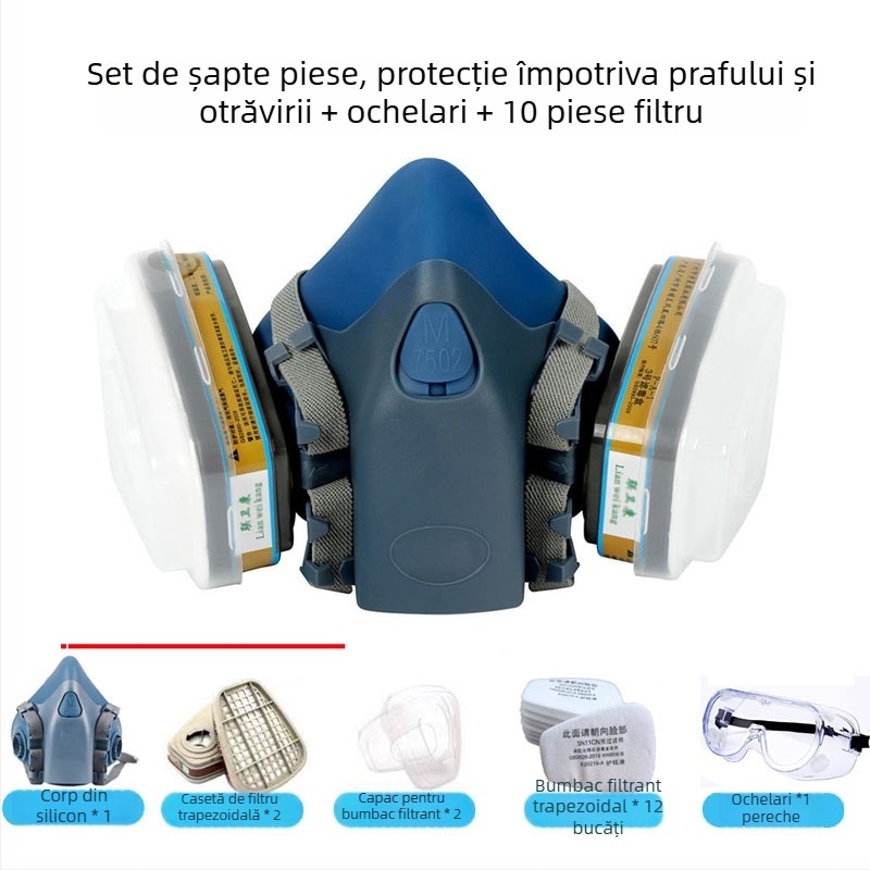 7502 Mască half-face din silicon pentru gaze toxice — protecție împotriva prafului și mediilor toxice; potrivită pentru vopsire, amenajări, lucrări chimice și sudură.