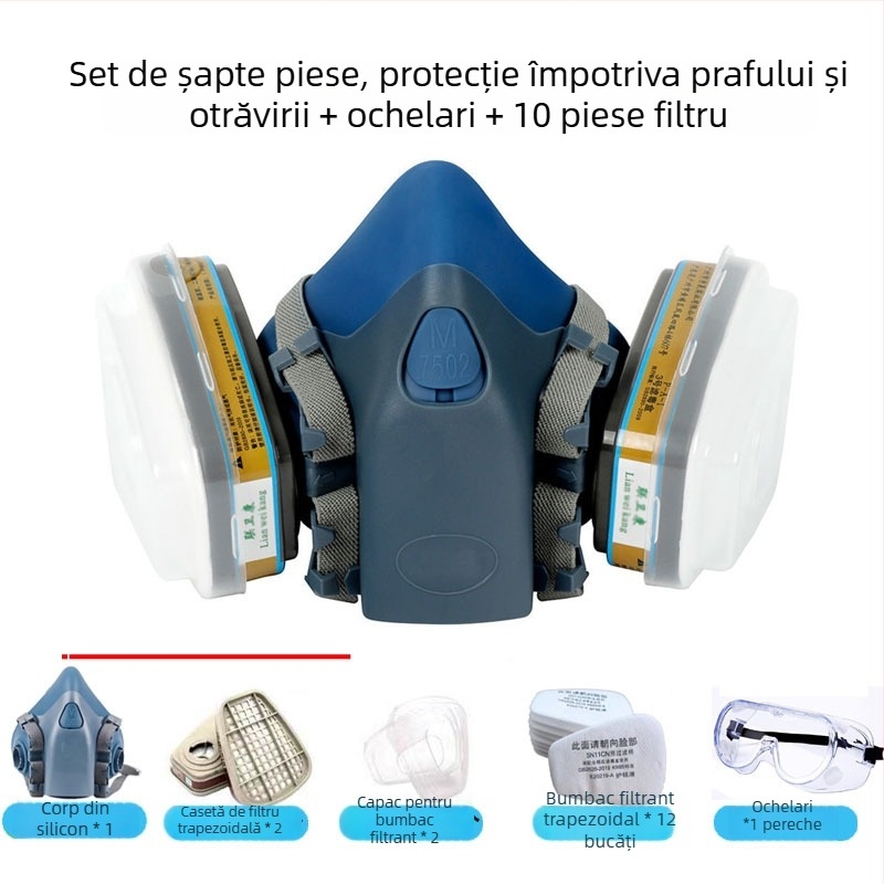7502 Mască half-face din silicon pentru gaze toxice — protecție împotriva prafului și mediilor toxice; potrivită pentru vopsire, amenajări, lucrări chimice și sudură.