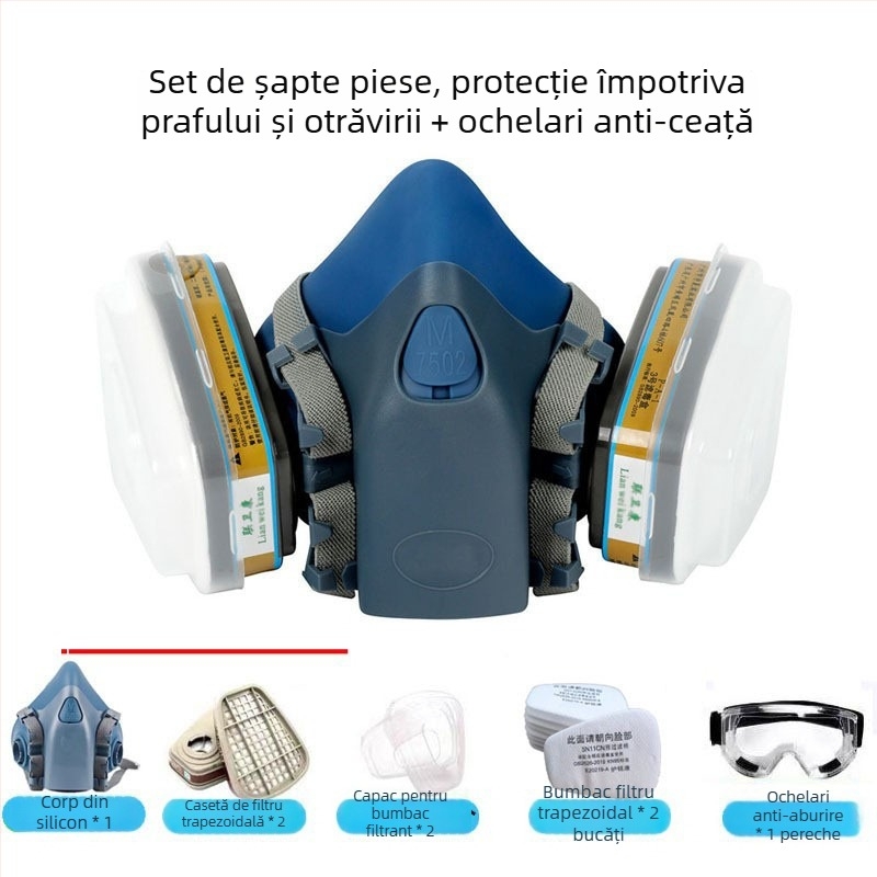 7502 Mască half-face din silicon pentru gaze toxice — protecție împotriva prafului și mediilor toxice; potrivită pentru vopsire, amenajări, lucrări chimice și sudură.