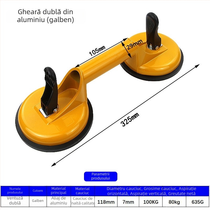 Zhike Ridicător cu ventuză din aliaj de aluminiu – pentru sticlă și plăci de marmură – instrument manual de manipulare