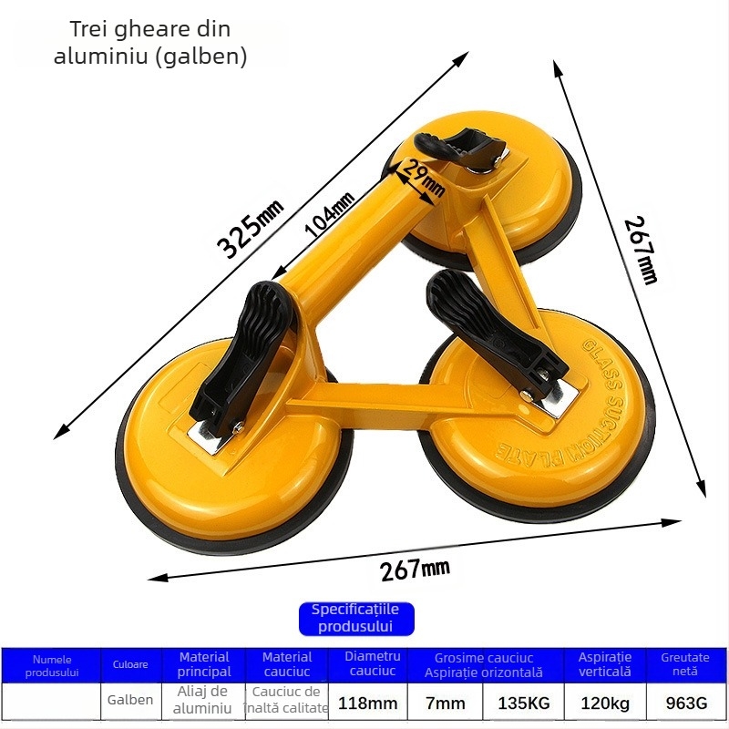 Zhike Ridicător cu ventuză din aliaj de aluminiu – pentru sticlă și plăci de marmură – instrument manual de manipulare