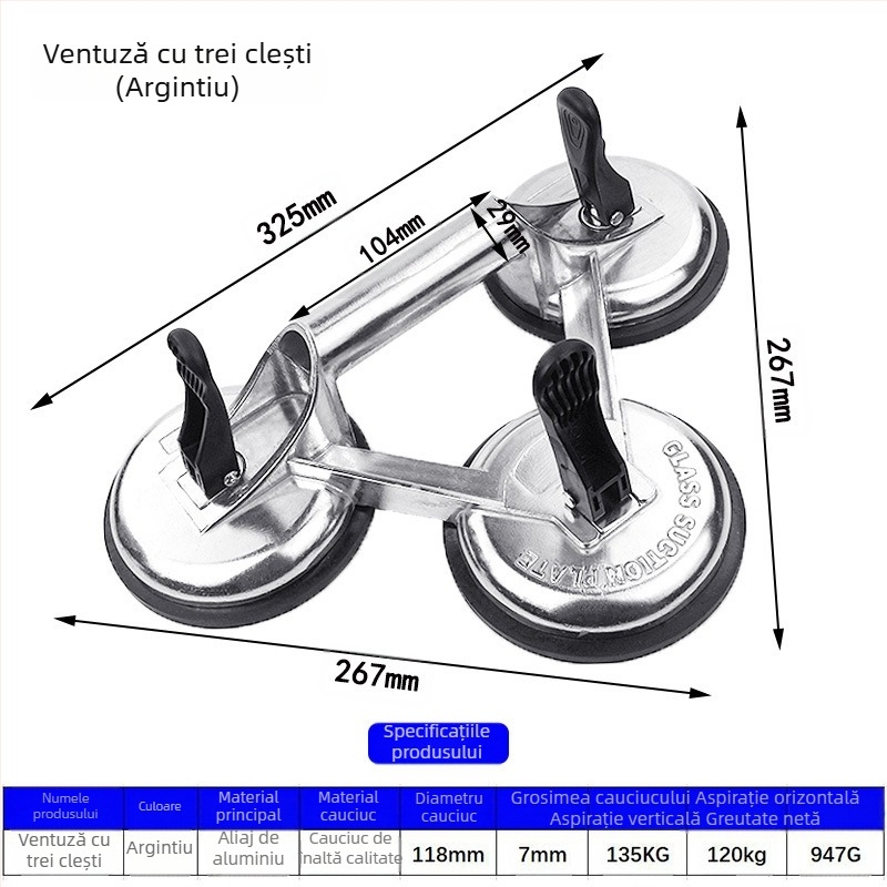 Zhike Ridicător cu ventuză din aliaj de aluminiu – pentru sticlă și plăci de marmură – instrument manual de manipulare