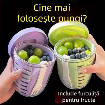 Cupa dublu nivel pentru fructe și salată, cu furculiță, portabil, drenaj, recipient de picnic
