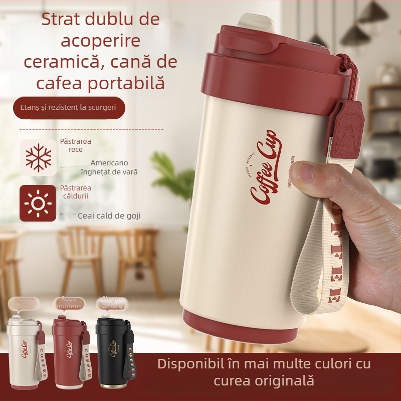 Ceșcă de cafea cu interior ceramic și carcasă izolantă termic din oțel inoxidabil 316, design minimalist de afaceri