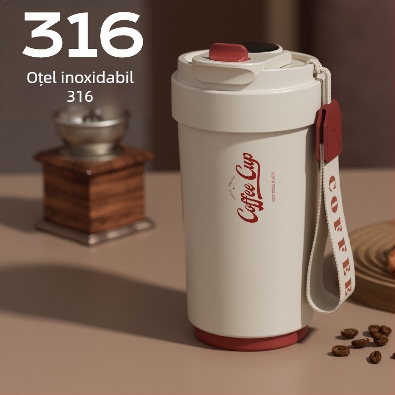 Ceșcă de cafea cu interior ceramic și carcasă izolantă termic din oțel inoxidabil 316, design minimalist de afaceri