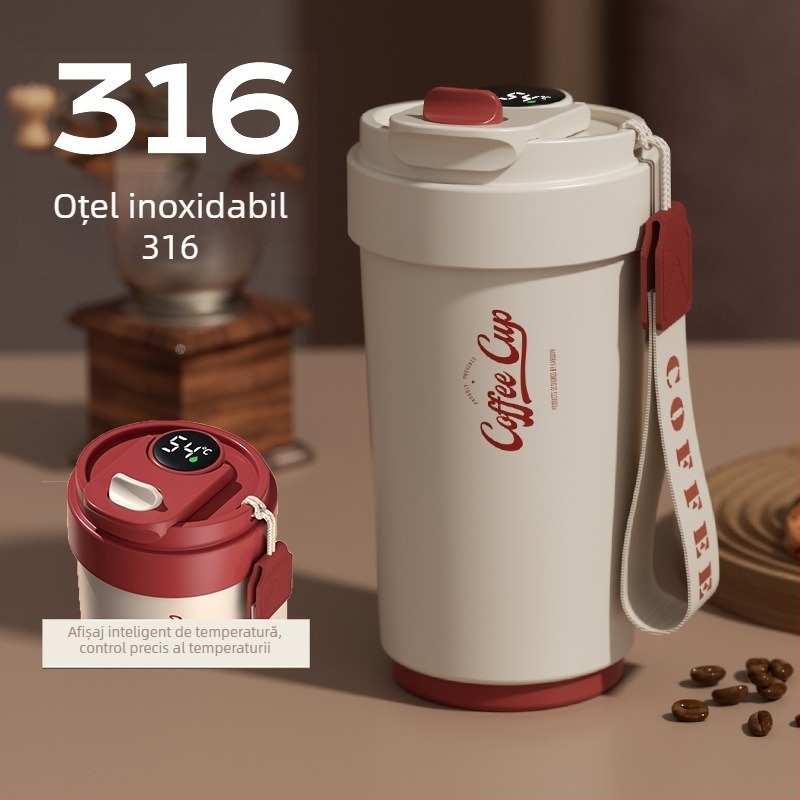 Ceșcă de cafea cu interior ceramic și carcasă izolantă termic din oțel inoxidabil 316, design minimalist de afaceri
