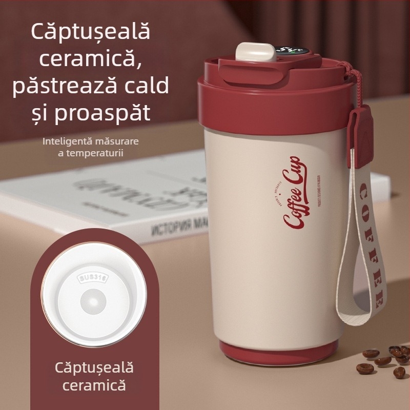 Ceșcă de cafea cu interior ceramic și carcasă izolantă termic din oțel inoxidabil 316, design minimalist de afaceri