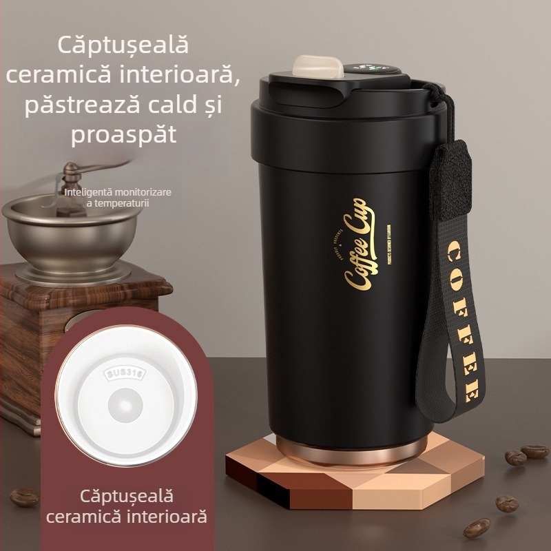 Ceșcă de cafea cu interior ceramic și carcasă izolantă termic din oțel inoxidabil 316, design minimalist de afaceri
