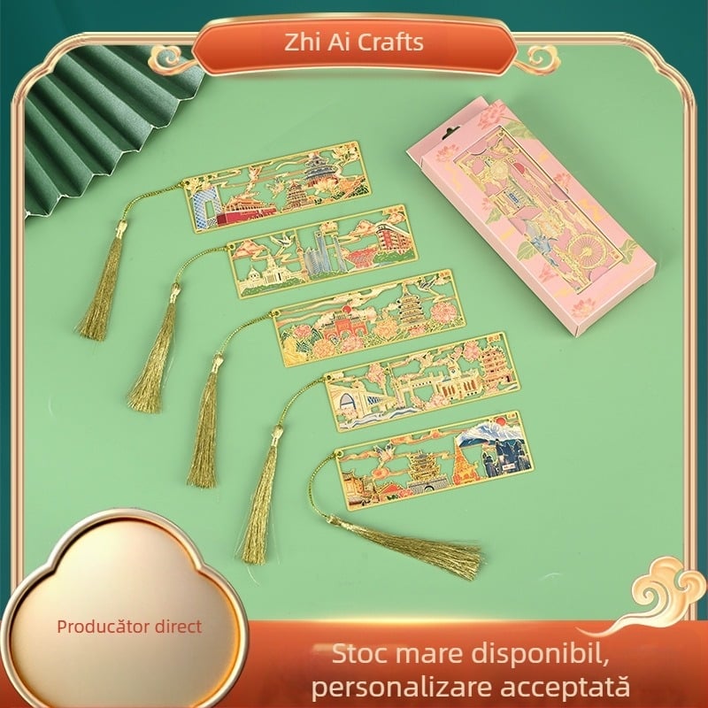 Semn de carte metalic cu siluete ale orașelor, finisaj emailat, decupaj metalic, stil clasic, semn de carte cultural și de călătorie