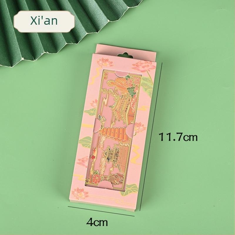 Semn de carte metalic cu siluete ale orașelor, finisaj emailat, decupaj metalic, stil clasic, semn de carte cultural și de călătorie