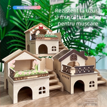 Vilă din lemn pentru hamster, cu adăpost, platformă de cățărare și scară – jucărie interactivă pentru interior