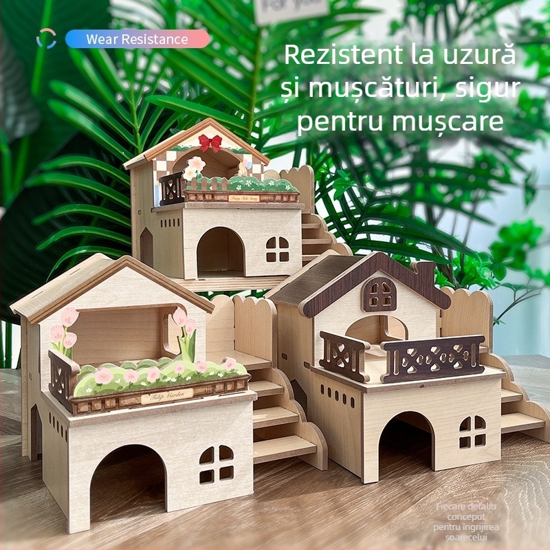 Vilă din lemn pentru hamster, cu adăpost, platformă de cățărare și scară – jucărie interactivă pentru interior