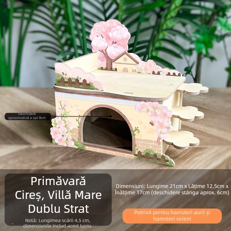 Vilă din lemn pentru hamster, cu adăpost, platformă de cățărare și scară – jucărie interactivă pentru interior