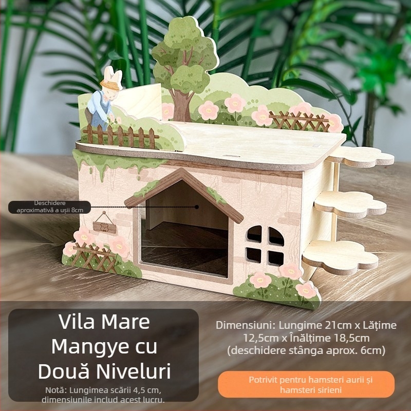 Vilă din lemn pentru hamster, cu adăpost, platformă de cățărare și scară – jucărie interactivă pentru interior