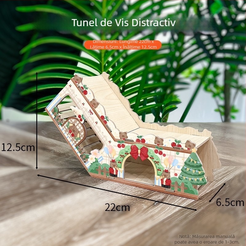 Vilă din lemn pentru hamster, cu adăpost, platformă de cățărare și scară – jucărie interactivă pentru interior