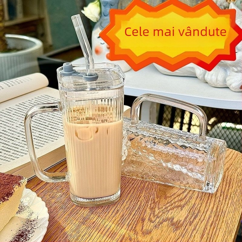 Pahar din sticlă cu dungi, stil minimalist, cu mâner și pai, corp drept, pătrat, pentru lapte, băuturi și cafea