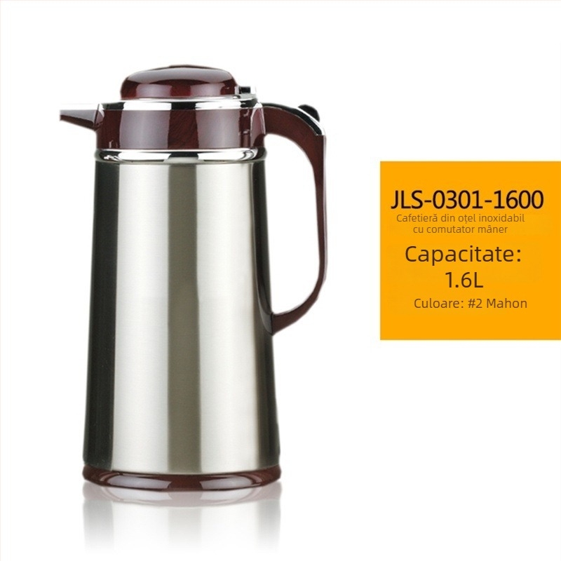 Termos din oțel inoxidabil izolant, cu interior din sticlă, capac mare, închidere prin apăsare, pentru cafea la birou