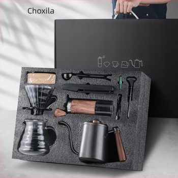 Set portabil pentru cafea la filtru prin infuzie — kit complet cu râșniță, ceașcă, filtre, linguriță de măsurare și ceainic de turnare