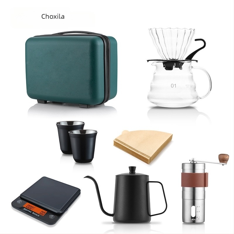 Set portabil pentru cafea la filtru prin infuzie — kit complet cu râșniță, ceașcă, filtre, linguriță de măsurare și ceainic de turnare
