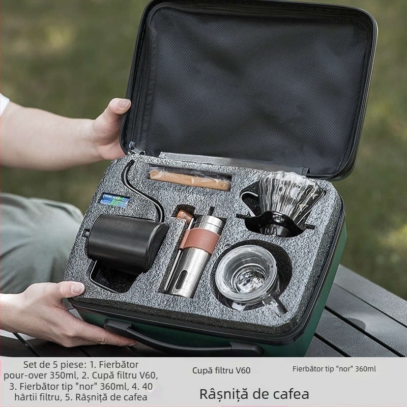 Set portabil pentru cafea la filtru prin infuzie — kit complet cu râșniță, ceașcă, filtre, linguriță de măsurare și ceainic de turnare