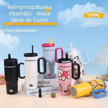 Ceașcă izolantă mare cu separator pentru ceai și pai, cană auto portabilă cu mâner