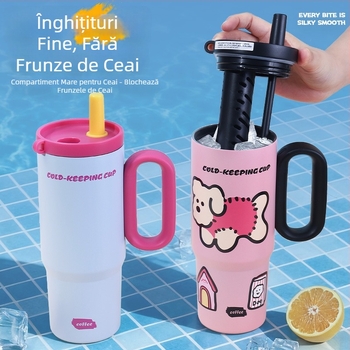 Ceașcă izolantă mare cu separator pentru ceai și pai, cană auto portabilă cu mâner