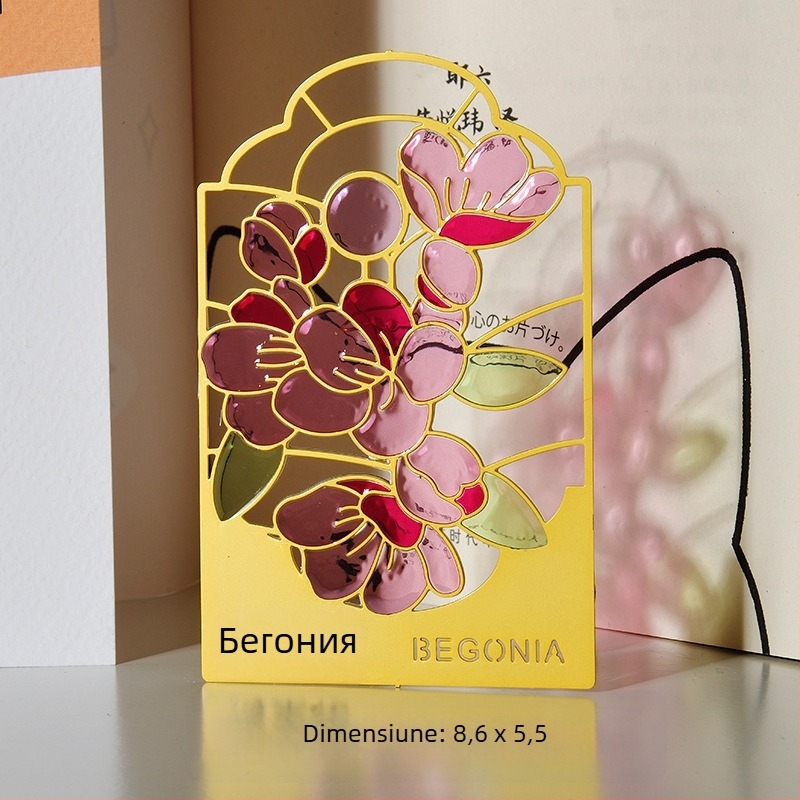 Doisprezece zeițe ale florilor — semn de carte din metal translucid, cu decupaj găurit și lac colorat, design cu temă vegetală