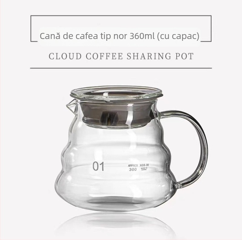 Set din sticlă pentru cafea pour-over: ceainic în formă de nor, pahare pentru împărțire și cană de măsurare — compact, din sticlă borosilicată premium