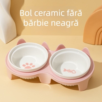 Vas ceramic pentru pisici, cu două compartimente pentru apă și hrană, design anti-răsturnare, gură în unghi și suport pentru gât.