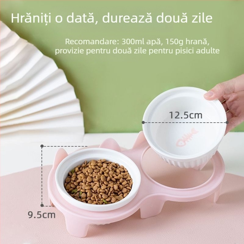 Vas ceramic pentru pisici, cu două compartimente pentru apă și hrană, design anti-răsturnare, gură în unghi și suport pentru gât.