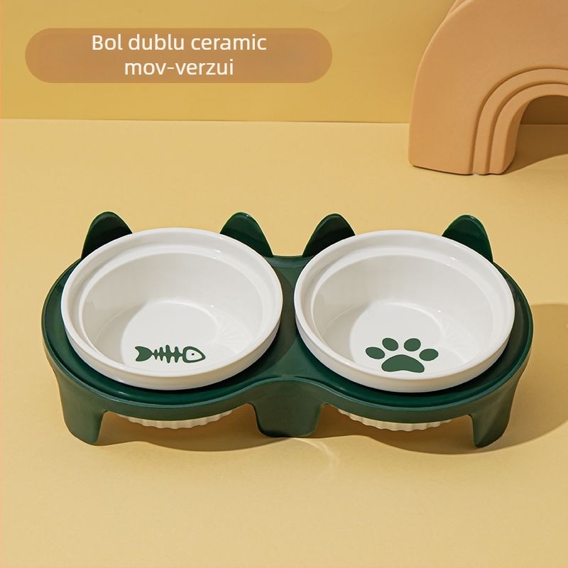 Vas ceramic pentru pisici, cu două compartimente pentru apă și hrană, design anti-răsturnare, gură în unghi și suport pentru gât.
