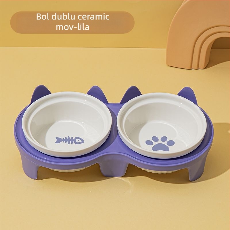 Vas ceramic pentru pisici, cu două compartimente pentru apă și hrană, design anti-răsturnare, gură în unghi și suport pentru gât.