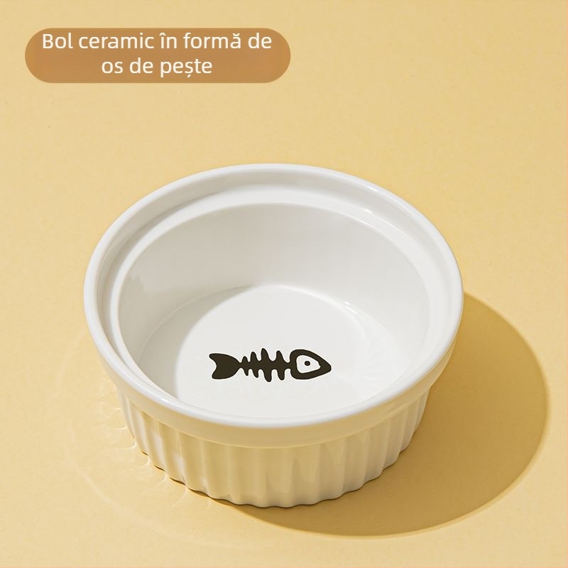 Vas ceramic pentru pisici, cu două compartimente pentru apă și hrană, design anti-răsturnare, gură în unghi și suport pentru gât.