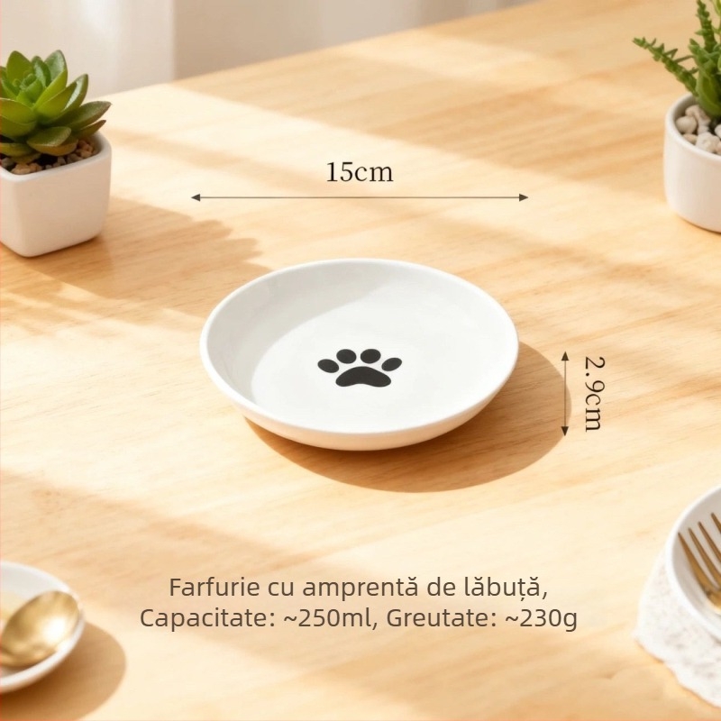 Vas ceramic pentru pisici, cu două compartimente pentru apă și hrană, design anti-răsturnare, gură în unghi și suport pentru gât.