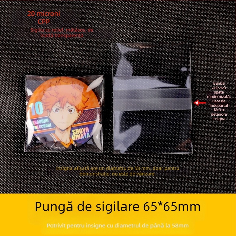 Protecție transparentă pentru insignă de 58 mm, pungă CPP auto-sigilantă, pătrat, grosime 75 μm