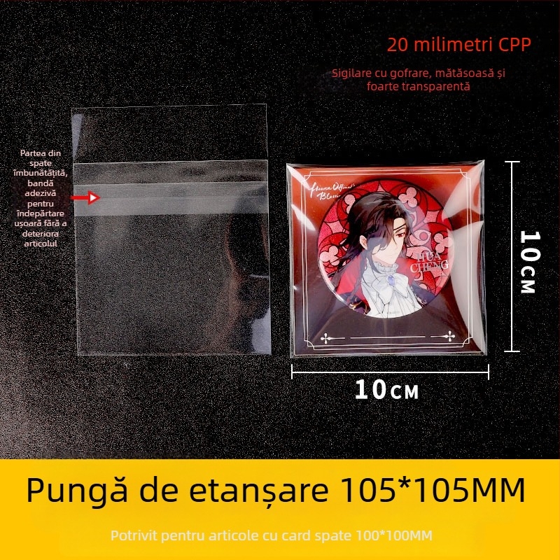 Protecție transparentă pentru insignă de 58 mm, pungă CPP auto-sigilantă, pătrat, grosime 75 μm