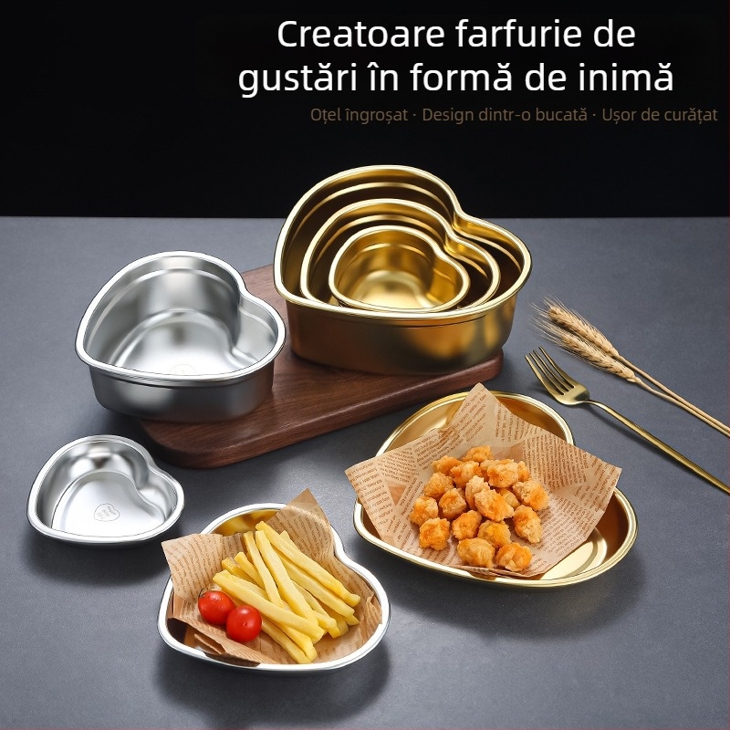 Farfurie inimă din oțel inoxidabil 304, stil coreean, pentru gustări, desert, legume, cartofi prăjiți, feluri reci și salată de fructe