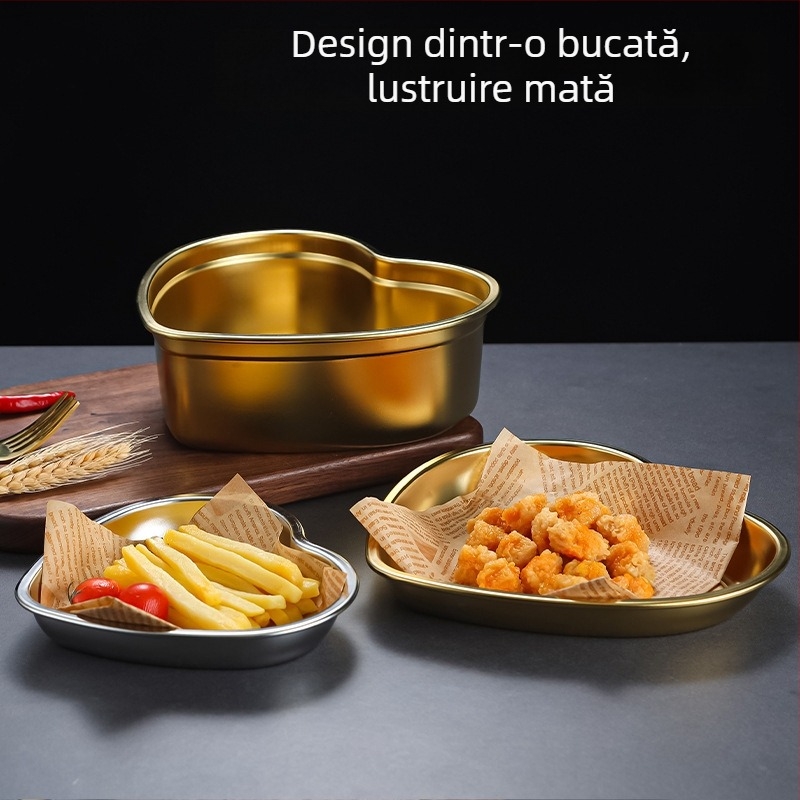 Farfurie inimă din oțel inoxidabil 304, stil coreean, pentru gustări, desert, legume, cartofi prăjiți, feluri reci și salată de fructe