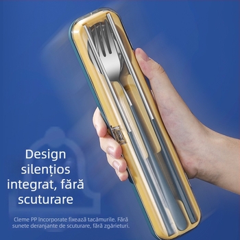 Nou set de tacâmuri portabil din oțel inoxidabil cu capac pliant – furculiță, lingură și bețișoare în husă de călătorie, imprimare logo disponibil
