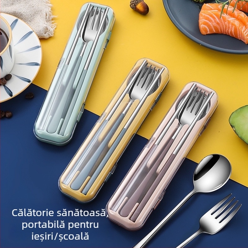 Nou set de tacâmuri portabil din oțel inoxidabil cu capac pliant – furculiță, lingură și bețișoare în husă de călătorie, imprimare logo disponibil