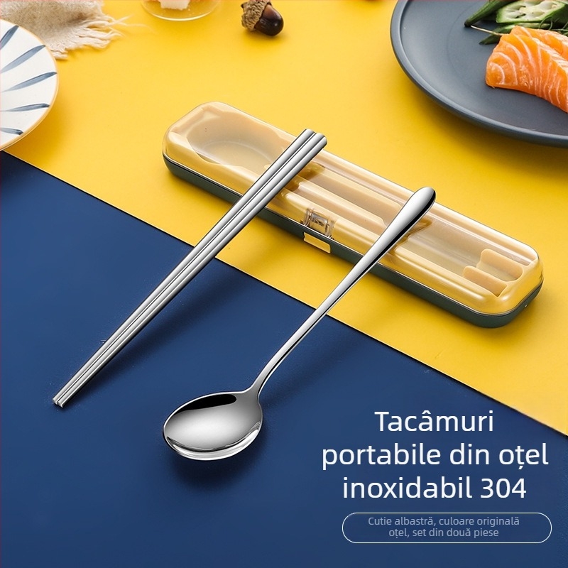 Nou set de tacâmuri portabil din oțel inoxidabil cu capac pliant – furculiță, lingură și bețișoare în husă de călătorie, imprimare logo disponibil