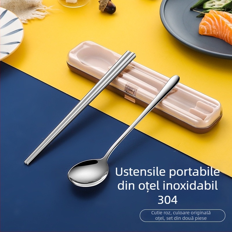 Nou set de tacâmuri portabil din oțel inoxidabil cu capac pliant – furculiță, lingură și bețișoare în husă de călătorie, imprimare logo disponibil