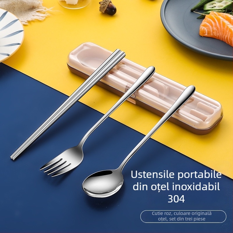 Nou set de tacâmuri portabil din oțel inoxidabil cu capac pliant – furculiță, lingură și bețișoare în husă de călătorie, imprimare logo disponibil